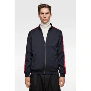 ZARA NWT Mens Navy Stripe Sleeves Zip-Up Bomber Jacket Size Medium